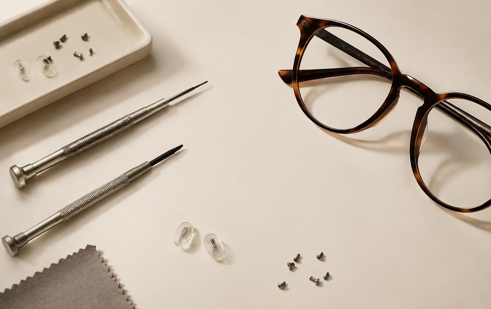 Eyeglass repair tools, screws and nose pads beside tortoiseshell glasses